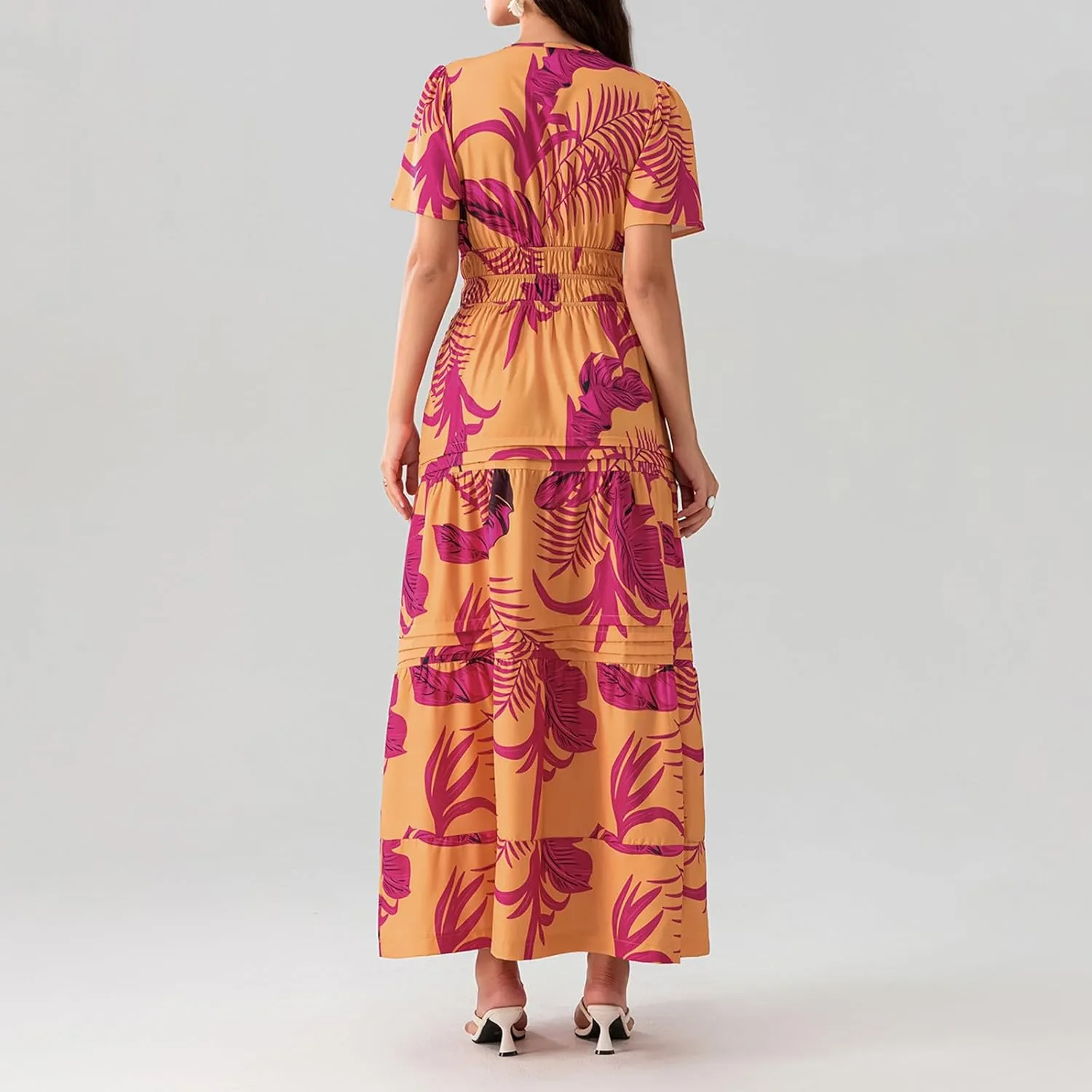 Women Short Sleeve Maxi Dress Boho Smocked Waist Sundress V-Neck Floral Tiered Ruffle Long Beach Dresses with Pockets