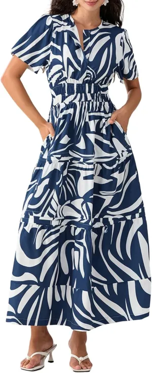Women Short Sleeve Maxi Dress Boho Smocked Waist Sundress V-Neck Floral Tiered Ruffle Long Beach Dresses with Pockets