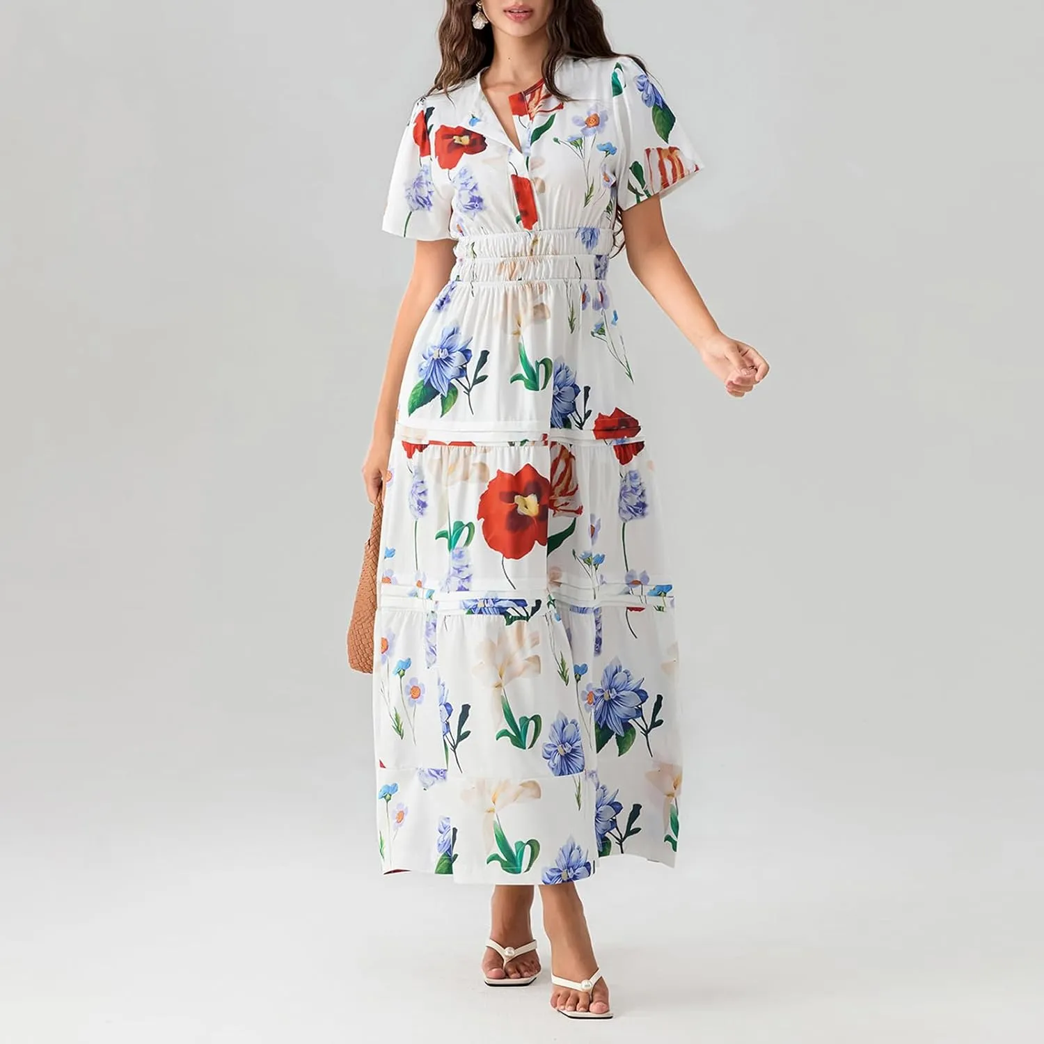 Women Short Sleeve Maxi Dress Boho Smocked Waist Sundress V-Neck Floral Tiered Ruffle Long Beach Dresses with Pockets