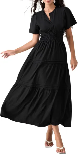 Women Short Sleeve Maxi Dress Boho Smocked Waist Sundress V-Neck Floral Tiered Ruffle Long Beach Dresses with Pockets