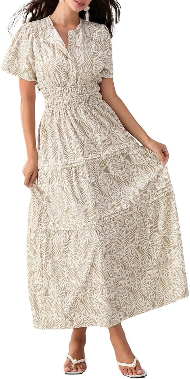Women Short Sleeve Maxi Dress Boho Smocked Waist Sundress V-Neck Floral Tiered Ruffle Long Beach Dresses with Pockets