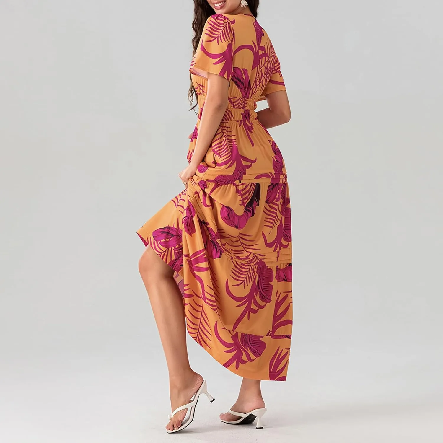Women Short Sleeve Maxi Dress Boho Smocked Waist Sundress V-Neck Floral Tiered Ruffle Long Beach Dresses with Pockets