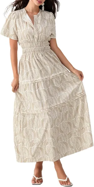 Women Short Sleeve Maxi Dress Boho Smocked Waist Sundress V-Neck Floral Tiered Ruffle Long Beach Dresses with Pockets