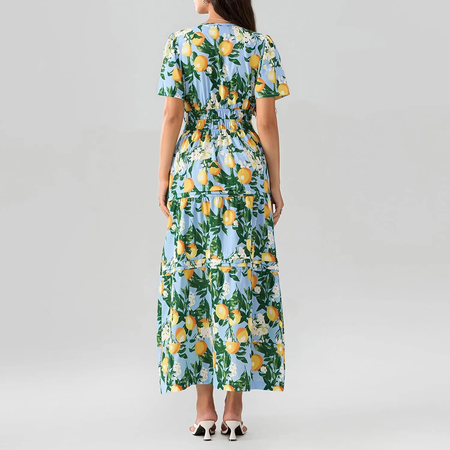Women Short Sleeve Maxi Dress Boho Smocked Waist Sundress V-Neck Floral Tiered Ruffle Long Beach Dresses with Pockets