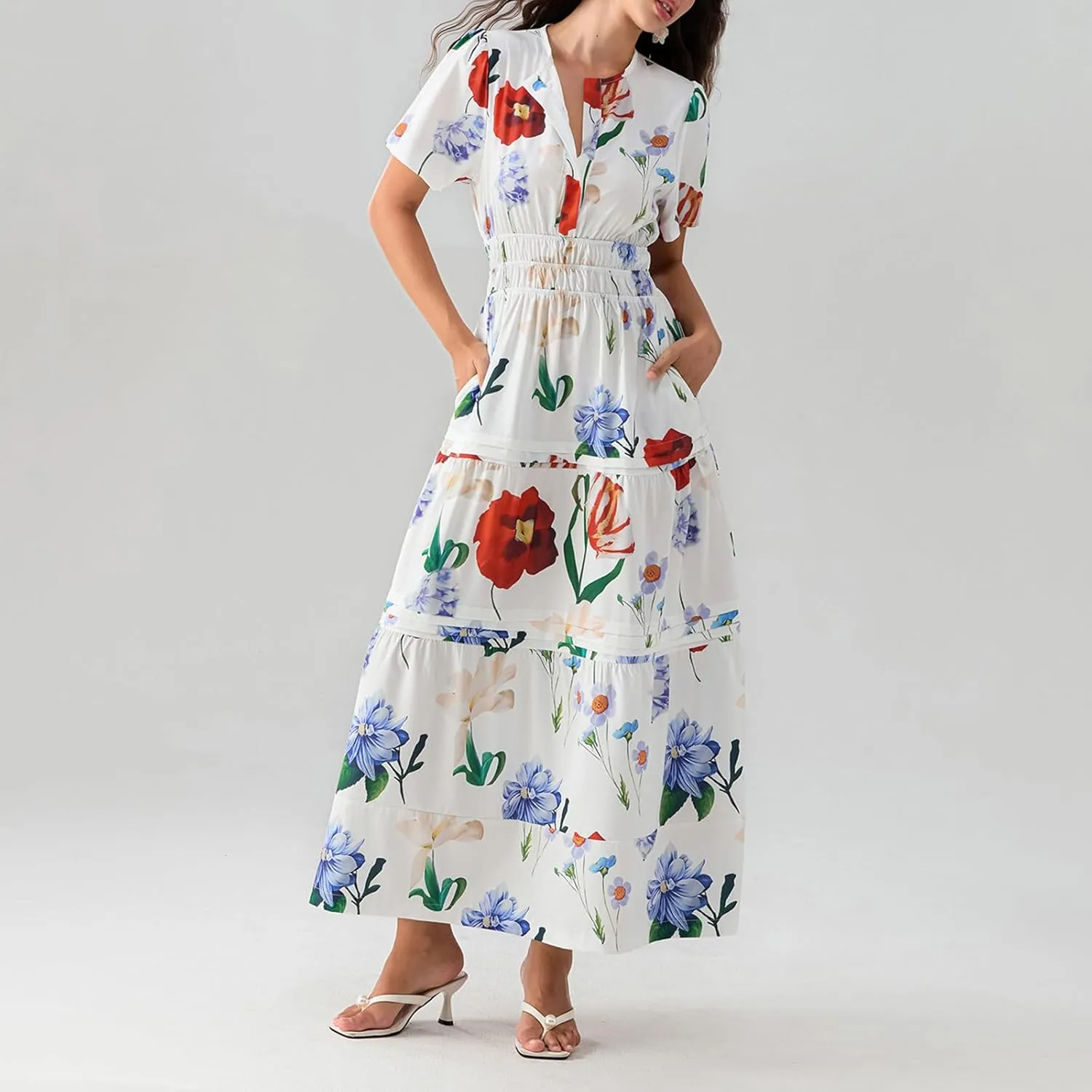 Women Short Sleeve Maxi Dress Boho Smocked Waist Sundress V-Neck Floral Tiered Ruffle Long Beach Dresses with Pockets
