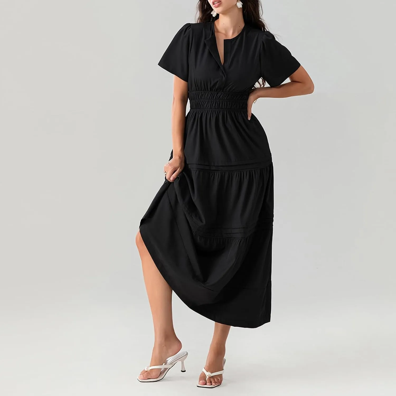 Women Short Sleeve Maxi Dress Boho Smocked Waist Sundress V-Neck Floral Tiered Ruffle Long Beach Dresses with Pockets