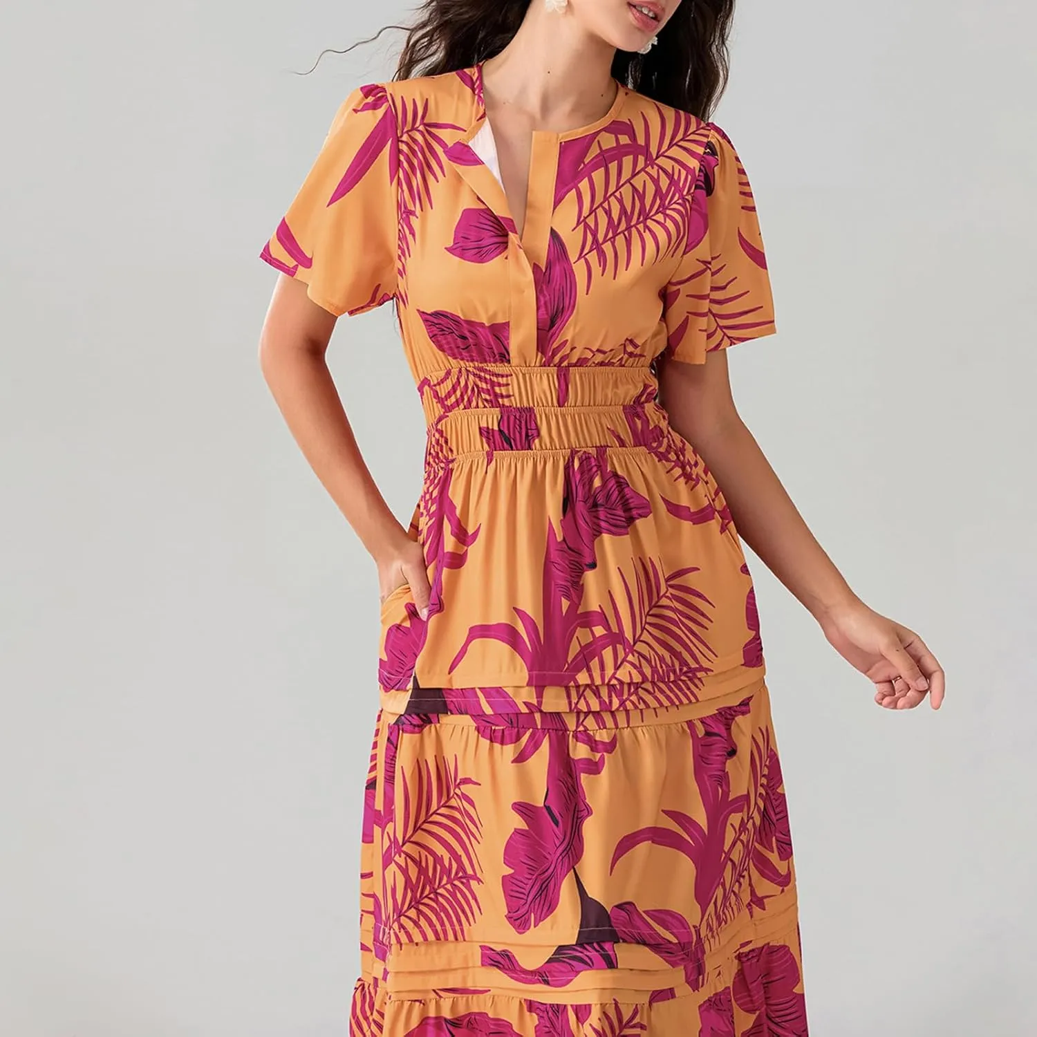 Women Short Sleeve Maxi Dress Boho Smocked Waist Sundress V-Neck Floral Tiered Ruffle Long Beach Dresses with Pockets