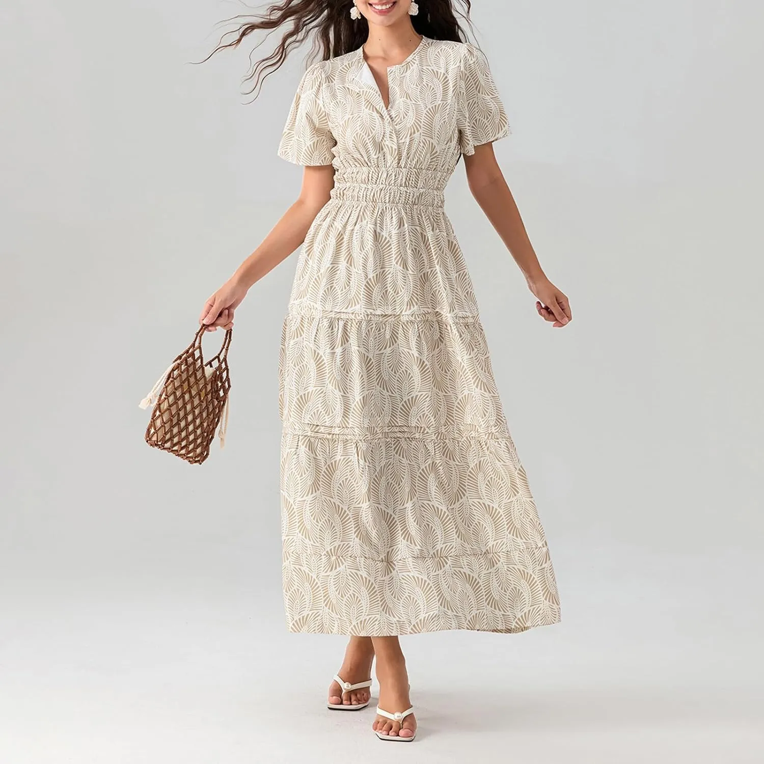 Women Short Sleeve Maxi Dress Boho Smocked Waist Sundress V-Neck Floral Tiered Ruffle Long Beach Dresses with Pockets