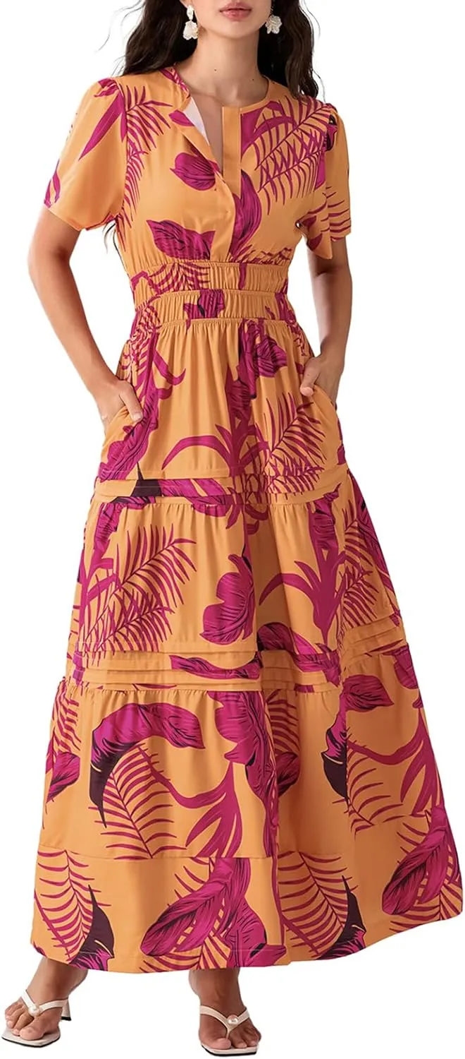 Women Short Sleeve Maxi Dress Boho Smocked Waist Sundress V-Neck Floral Tiered Ruffle Long Beach Dresses with Pockets
