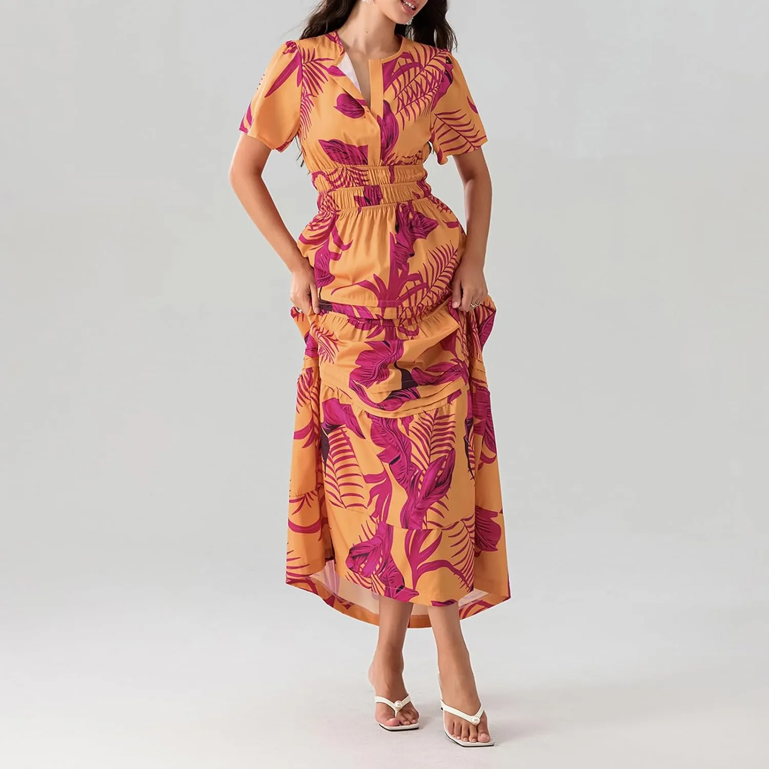 Women Short Sleeve Maxi Dress Boho Smocked Waist Sundress V-Neck Floral Tiered Ruffle Long Beach Dresses with Pockets