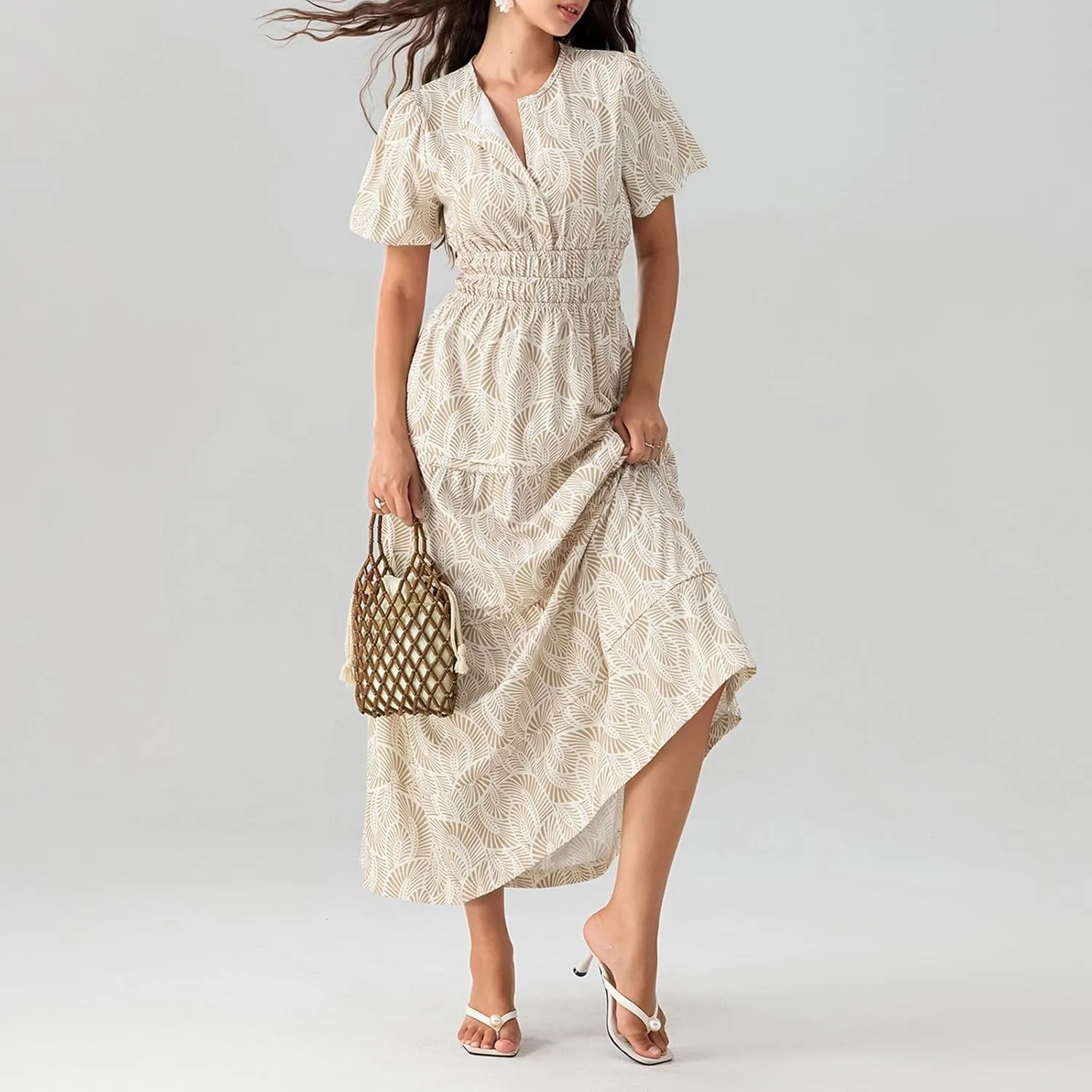 Women Short Sleeve Maxi Dress Boho Smocked Waist Sundress V-Neck Floral Tiered Ruffle Long Beach Dresses with Pockets