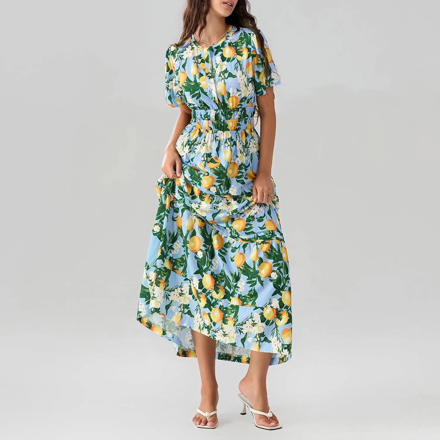 Women Short Sleeve Maxi Dress Boho Smocked Waist Sundress V-Neck Floral Tiered Ruffle Long Beach Dresses with Pockets