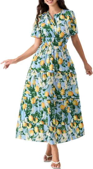 Women Short Sleeve Maxi Dress Boho Smocked Waist Sundress V-Neck Floral Tiered Ruffle Long Beach Dresses with Pockets