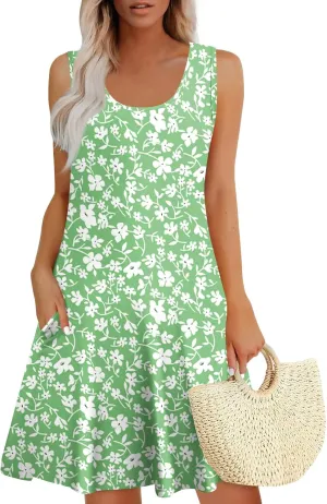 Women Summer Casual Dress 2025 Sleeveless Midi Swing Tank Sundress with Pockets V Neck A Line Pleated Tshirt Dress