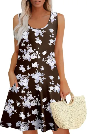 Women Summer Casual Dress 2025 Sleeveless Midi Swing Tank Sundress with Pockets V Neck A Line Pleated Tshirt Dress