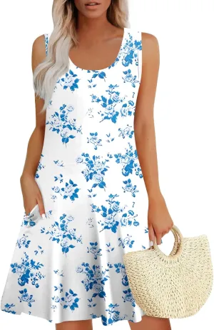Women Summer Casual Dress 2025 Sleeveless Midi Swing Tank Sundress with Pockets V Neck A Line Pleated Tshirt Dress