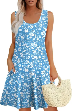 Women Summer Casual Dress 2025 Sleeveless Midi Swing Tank Sundress with Pockets V Neck A Line Pleated Tshirt Dress