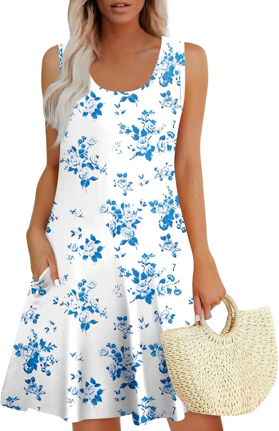 Women Summer Casual Dress 2025 Sleeveless Midi Swing Tank Sundress with Pockets V Neck A Line Pleated Tshirt Dress