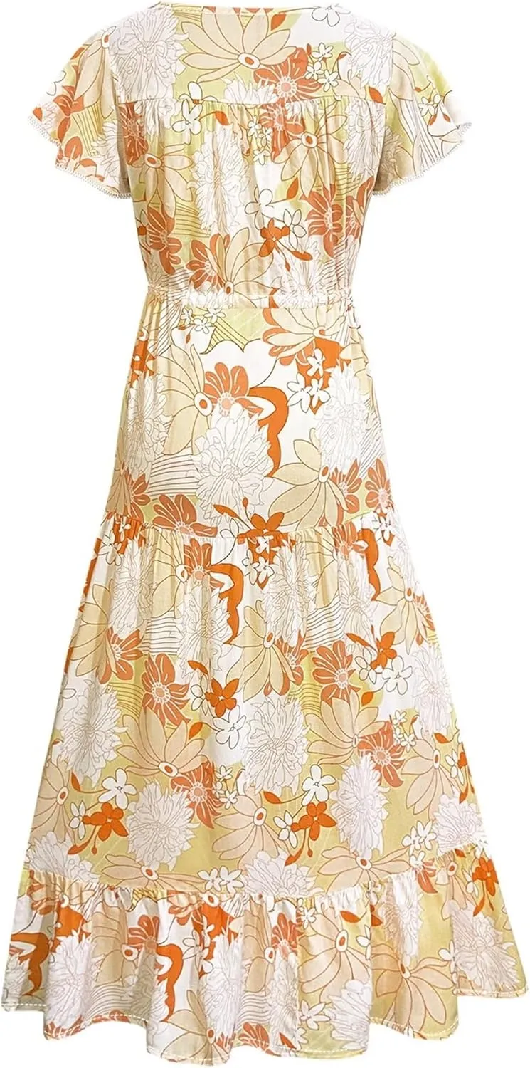Women Summer Dresses 2024 Casual Flowy Beach V-Neck Boho Floral Long Maxi Dress Short Sleeve Tie Waist Dresses