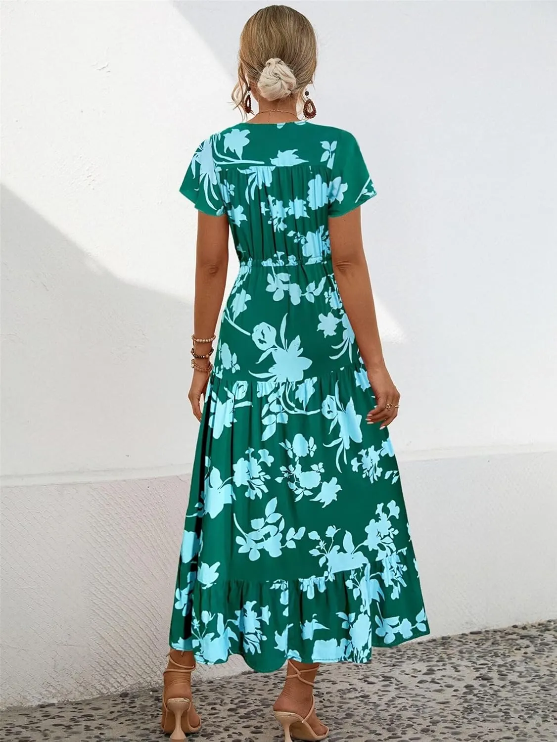 Women Summer Dresses 2024 Casual Flowy Beach V-Neck Boho Floral Long Maxi Dress Short Sleeve Tie Waist Dresses