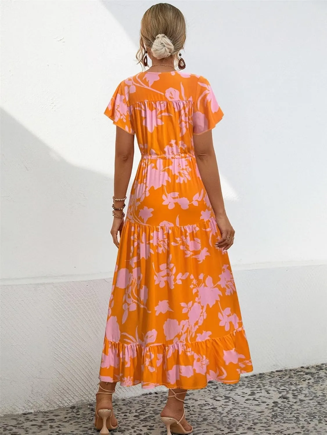 Women Summer Dresses 2024 Casual Flowy Beach V-Neck Boho Floral Long Maxi Dress Short Sleeve Tie Waist Dresses