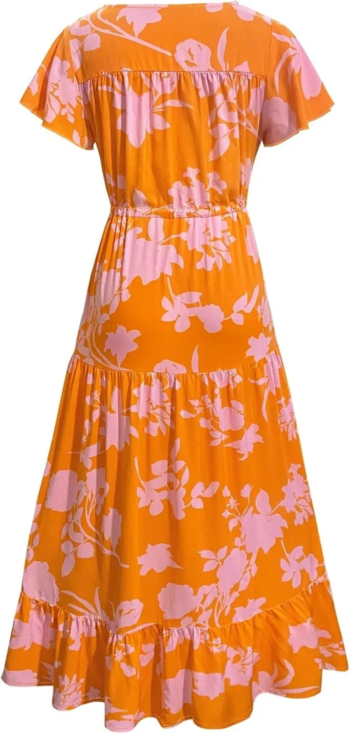 Women Summer Dresses 2024 Casual Flowy Beach V-Neck Boho Floral Long Maxi Dress Short Sleeve Tie Waist Dresses