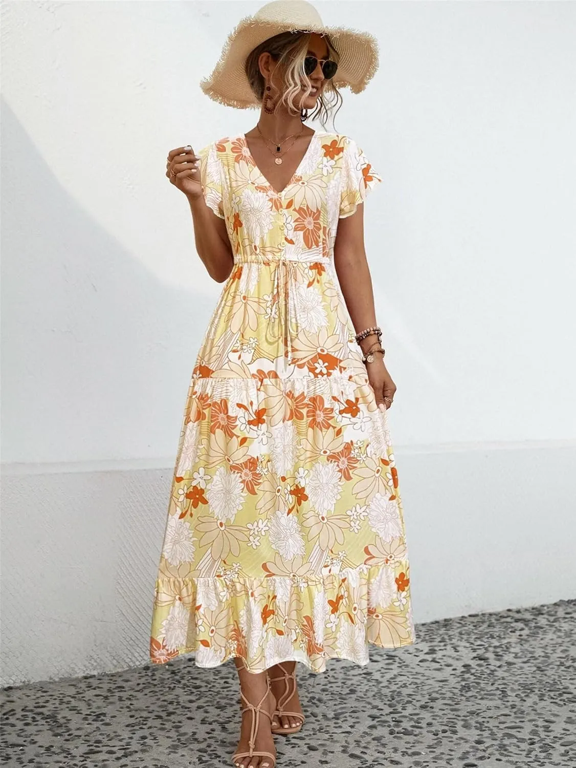 Women Summer Dresses 2024 Casual Flowy Beach V-Neck Boho Floral Long Maxi Dress Short Sleeve Tie Waist Dresses