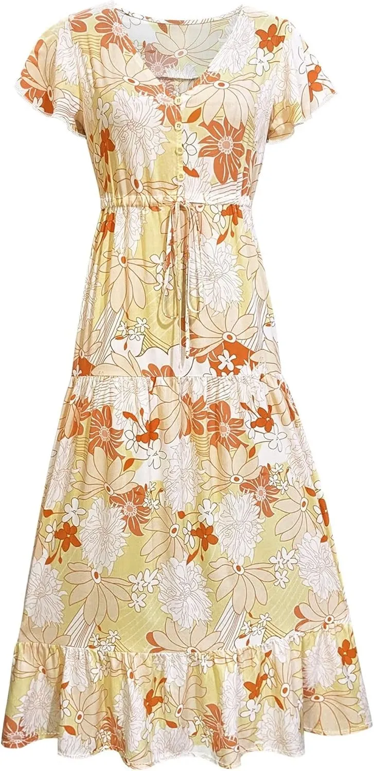 Women Summer Dresses 2024 Casual Flowy Beach V-Neck Boho Floral Long Maxi Dress Short Sleeve Tie Waist Dresses