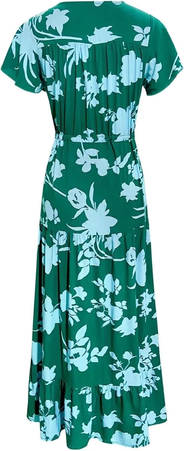 Women Summer Dresses 2024 Casual Flowy Beach V-Neck Boho Floral Long Maxi Dress Short Sleeve Tie Waist Dresses