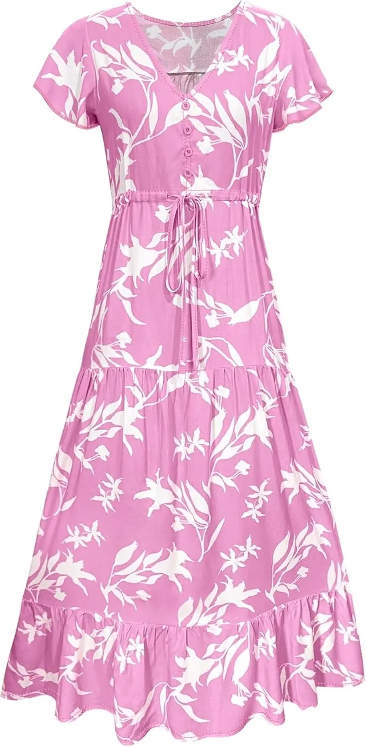 Women Summer Dresses 2024 Casual Flowy Beach V-Neck Boho Floral Long Maxi Dress Short Sleeve Tie Waist Dresses