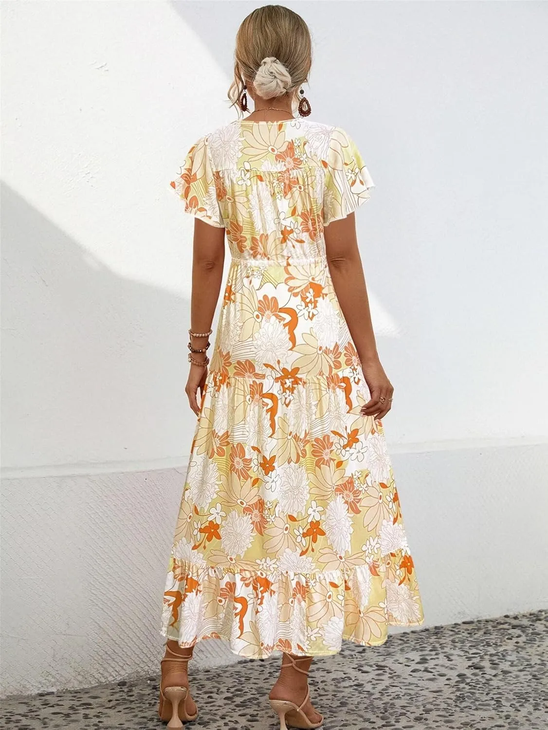 Women Summer Dresses 2024 Casual Flowy Beach V-Neck Boho Floral Long Maxi Dress Short Sleeve Tie Waist Dresses