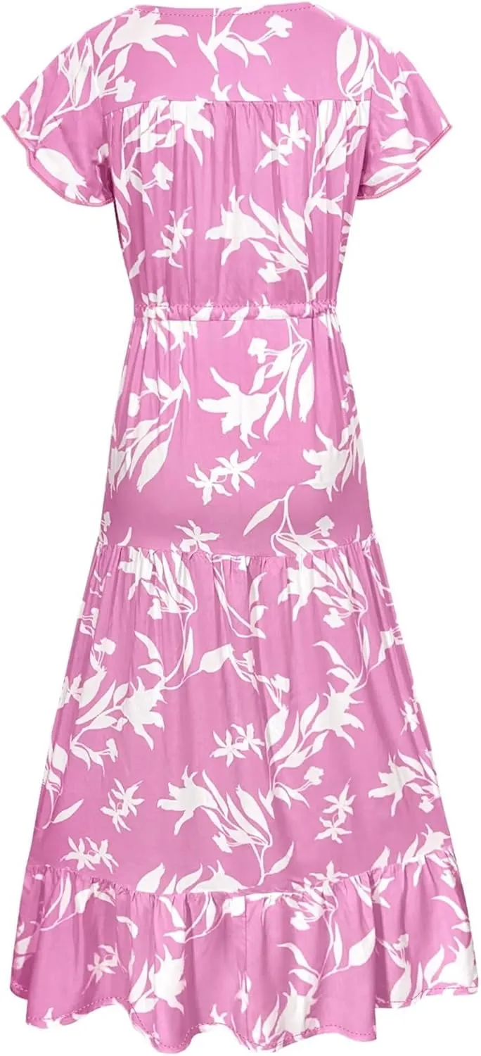 Women Summer Dresses 2024 Casual Flowy Beach V-Neck Boho Floral Long Maxi Dress Short Sleeve Tie Waist Dresses