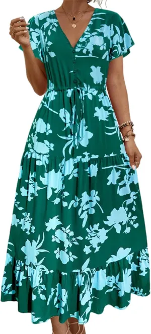 Women Summer Dresses 2024 Casual Flowy Beach V-Neck Boho Floral Long Maxi Dress Short Sleeve Tie Waist Dresses