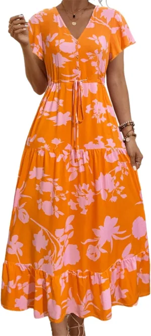 Women Summer Dresses 2024 Casual Flowy Beach V-Neck Boho Floral Long Maxi Dress Short Sleeve Tie Waist Dresses