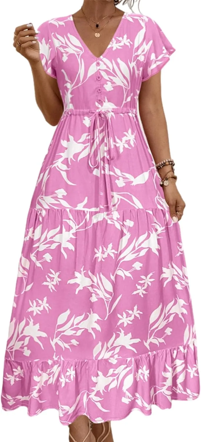 Women Summer Dresses 2024 Casual Flowy Beach V-Neck Boho Floral Long Maxi Dress Short Sleeve Tie Waist Dresses