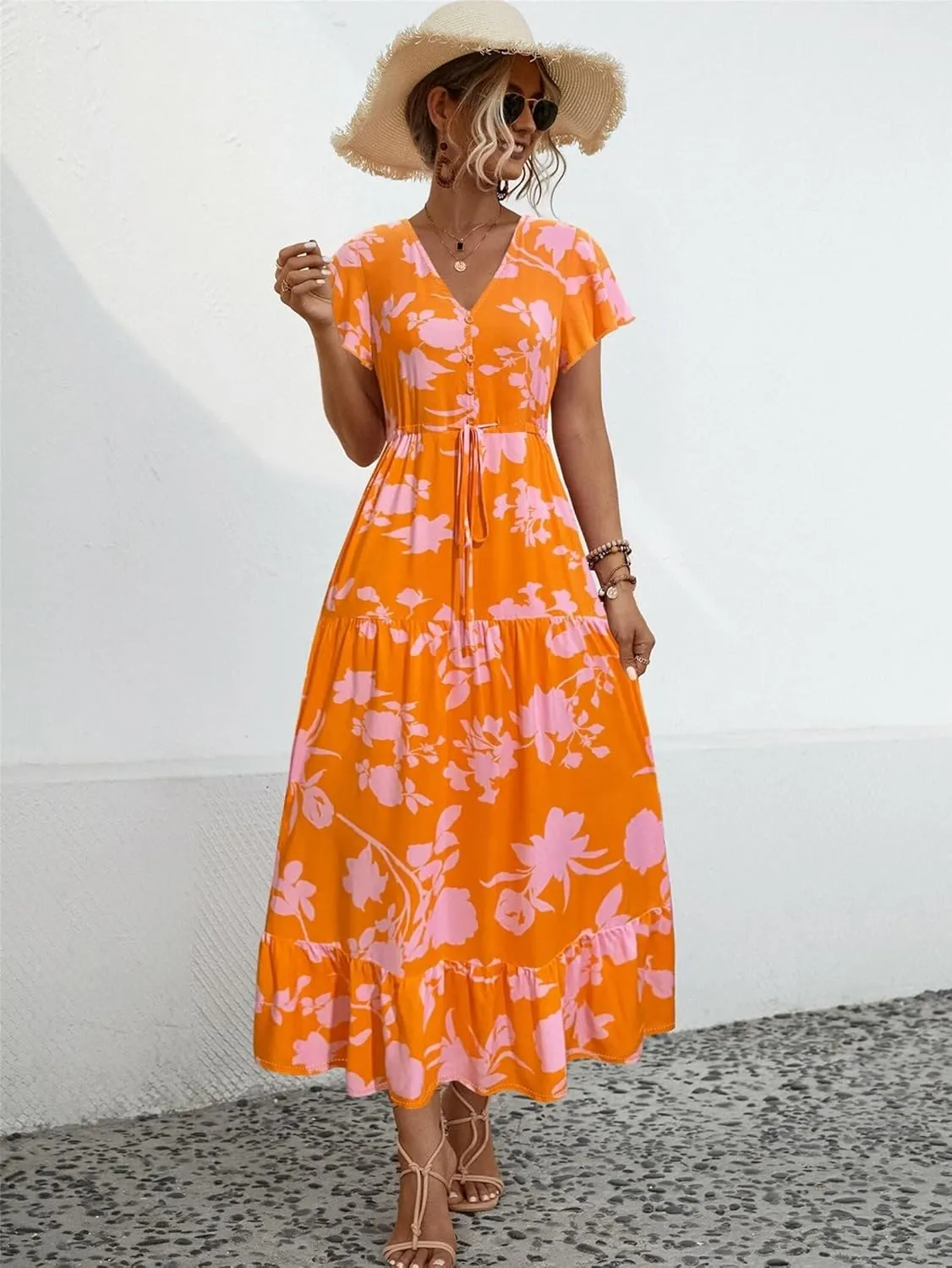Women Summer Dresses 2024 Casual Flowy Beach V-Neck Boho Floral Long Maxi Dress Short Sleeve Tie Waist Dresses