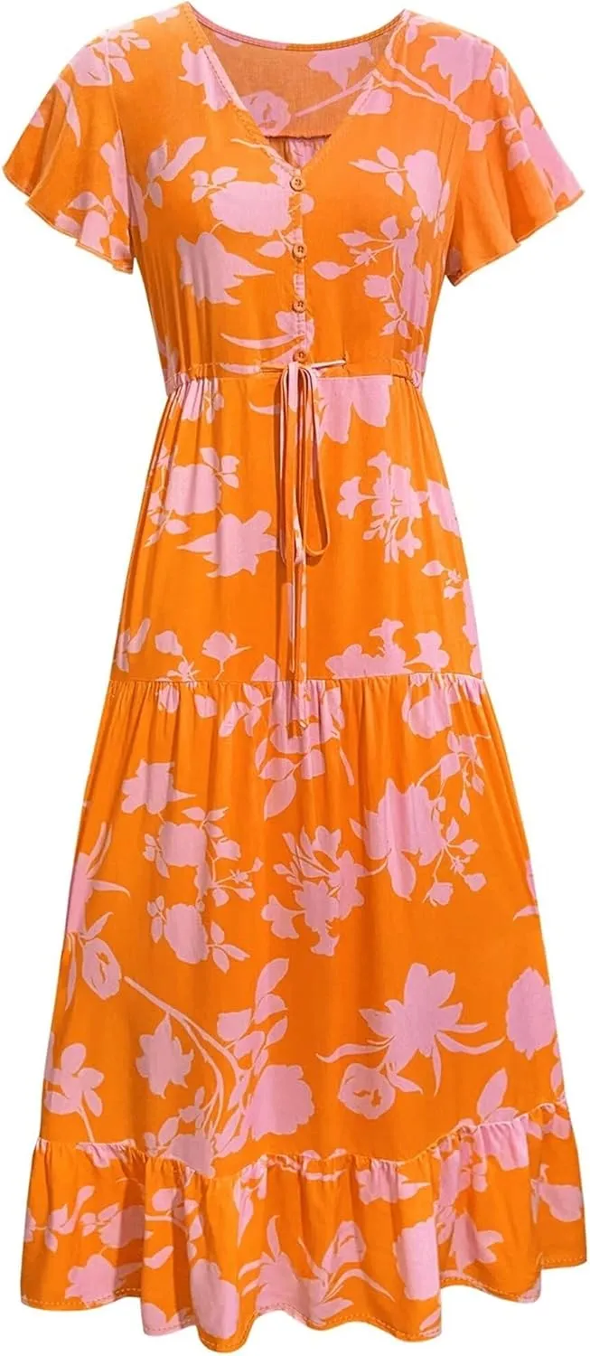 Women Summer Dresses 2024 Casual Flowy Beach V-Neck Boho Floral Long Maxi Dress Short Sleeve Tie Waist Dresses