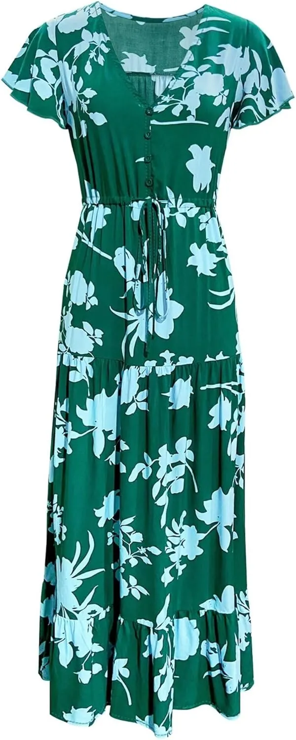 Women Summer Dresses 2024 Casual Flowy Beach V-Neck Boho Floral Long Maxi Dress Short Sleeve Tie Waist Dresses