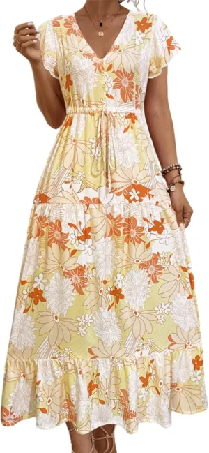 Women Summer Dresses 2024 Casual Flowy Beach V-Neck Boho Floral Long Maxi Dress Short Sleeve Tie Waist Dresses