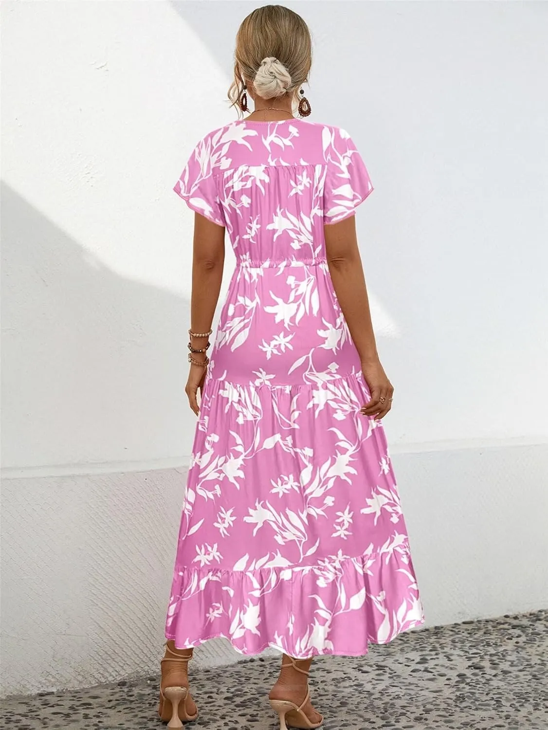 Women Summer Dresses 2024 Casual Flowy Beach V-Neck Boho Floral Long Maxi Dress Short Sleeve Tie Waist Dresses