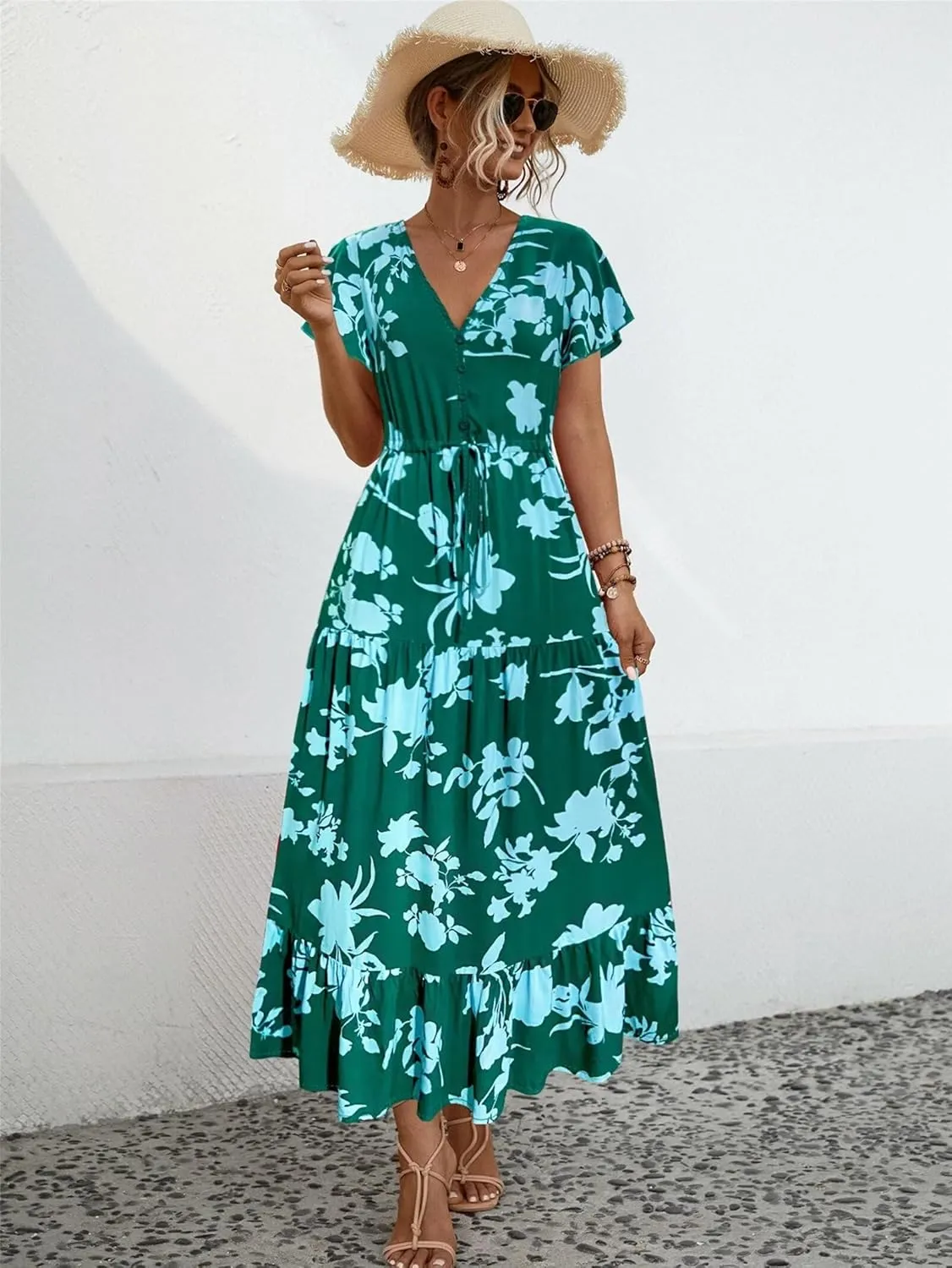 Women Summer Dresses 2024 Casual Flowy Beach V-Neck Boho Floral Long Maxi Dress Short Sleeve Tie Waist Dresses