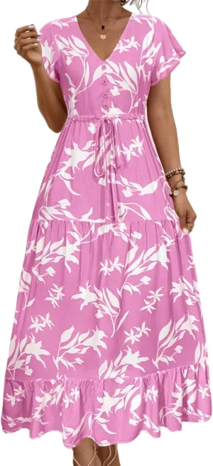 Women Summer Dresses 2024 Casual Flowy Beach V-Neck Boho Floral Long Maxi Dress Short Sleeve Tie Waist Dresses
