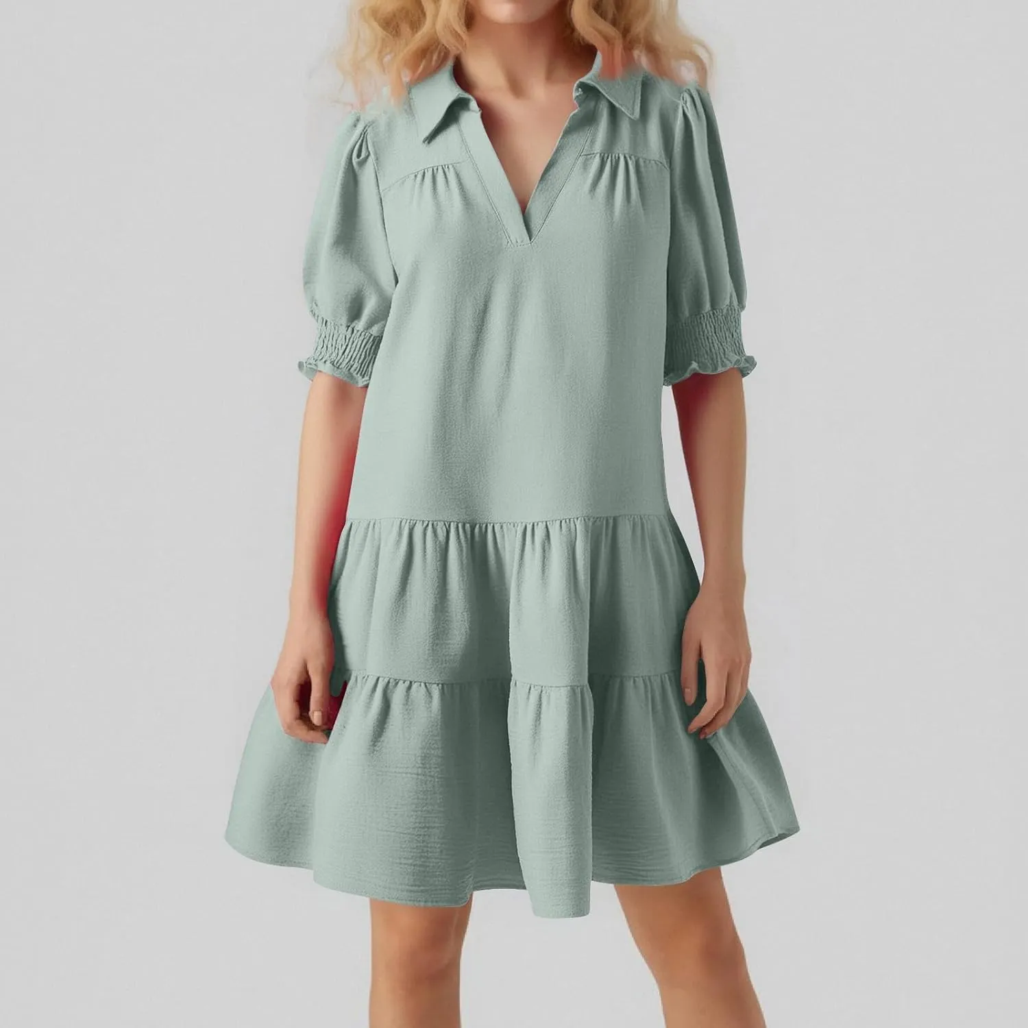 Women Summer Dresses 2025 Casual Lapel Collared V Neck Mid Sleeved Pleated Midi Dresses Short Sleeve Solid Dresses