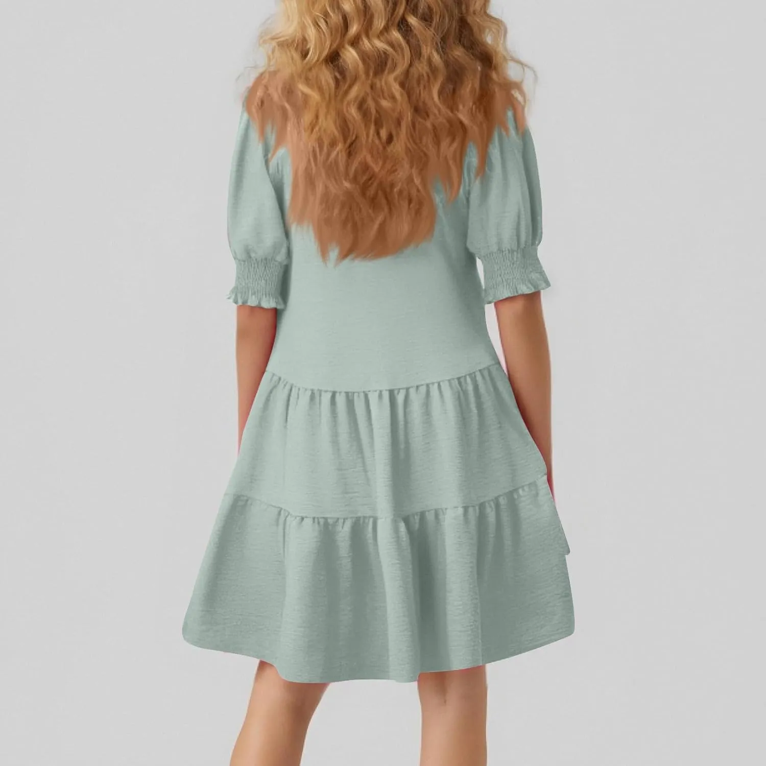 Women Summer Dresses 2025 Casual Lapel Collared V Neck Mid Sleeved Pleated Midi Dresses Short Sleeve Solid Dresses