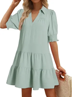 Women Summer Dresses 2025 Casual Lapel Collared V Neck Mid Sleeved Pleated Midi Dresses Short Sleeve Solid Dresses