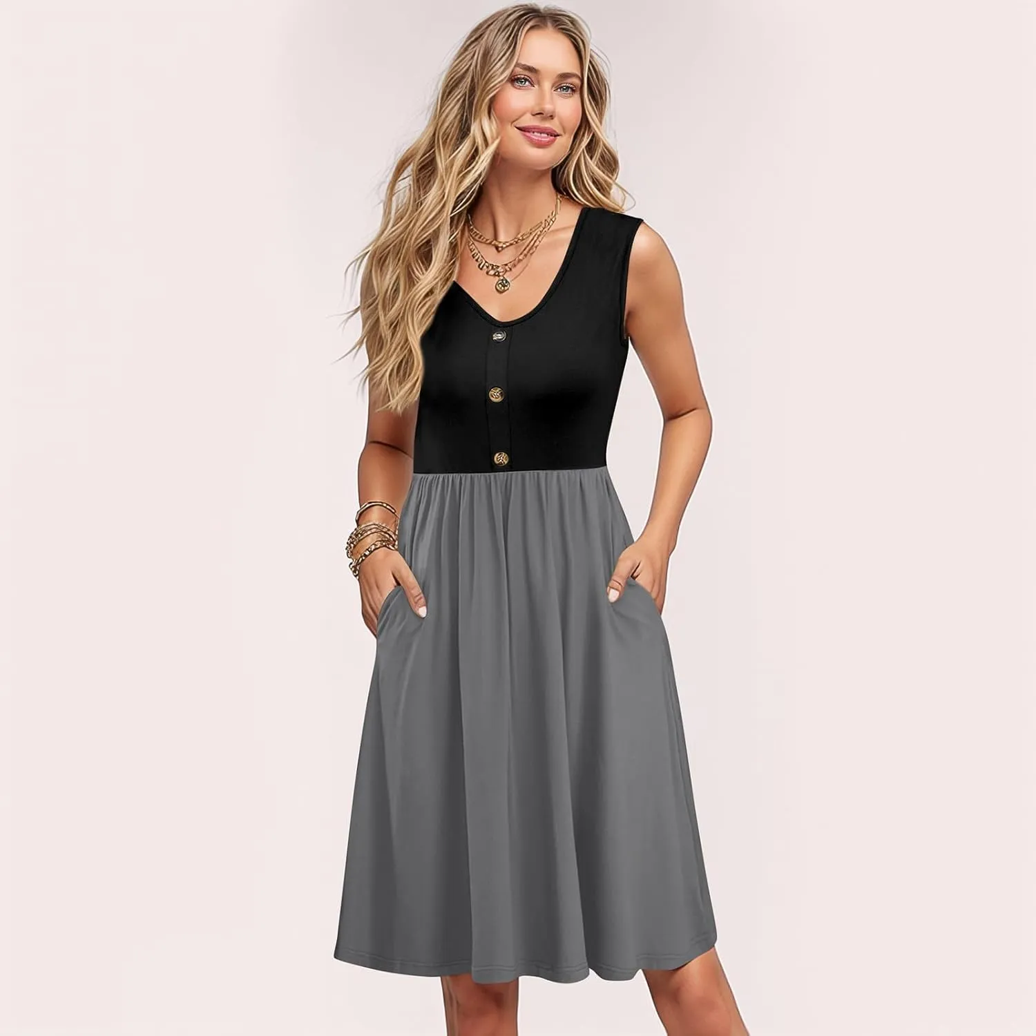 Women Summer Dresses Sleeveless Casual Loose Swing Button Down Midi Sundress with Pockets Beach Vacation