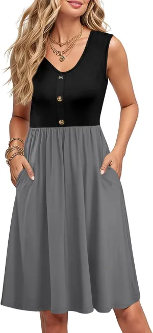 Women Summer Dresses Sleeveless Casual Loose Swing Button Down Midi Sundress with Pockets Beach Vacation