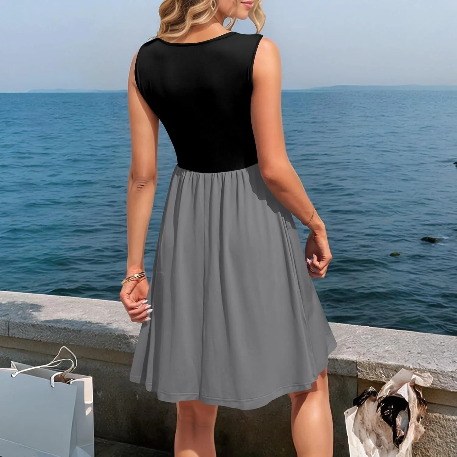 Women Summer Dresses Sleeveless Casual Loose Swing Button Down Midi Sundress with Pockets Beach Vacation