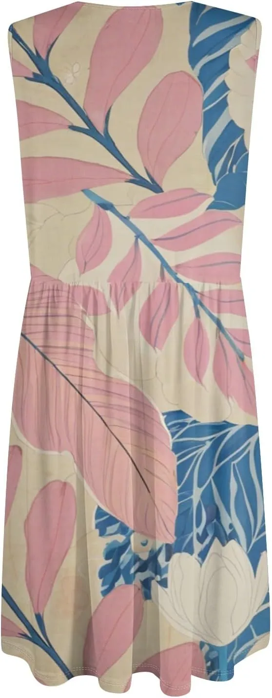 Women Summer Dresses Sleeveless V-Neck Elastic Waist Midi Dress Casual Swing Button Down Sundress with Pockets S-3XL
