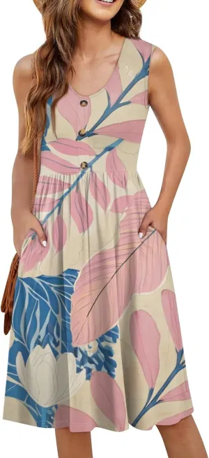 Women Summer Dresses Sleeveless V-Neck Elastic Waist Midi Dress Casual Swing Button Down Sundress with Pockets S-3XL